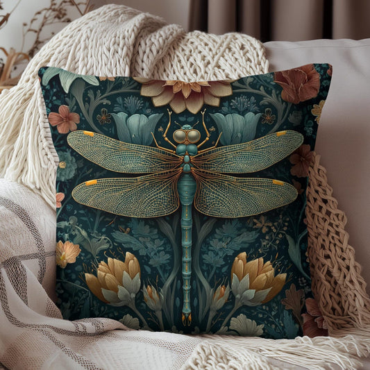William Morris Inspired Dragonfly Pillow, Teal Botanical Art Nouveau Cushion, Elegant Floral Square Throw Pillow