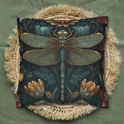 William Morris Inspired Dragonfly Pillow, Teal Botanical Art Nouveau Cushion, Elegant Floral Square Throw Pillow