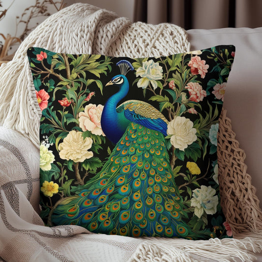 Peacock Botanical Throw Pillow, Vintage Floral Decorative Cushion