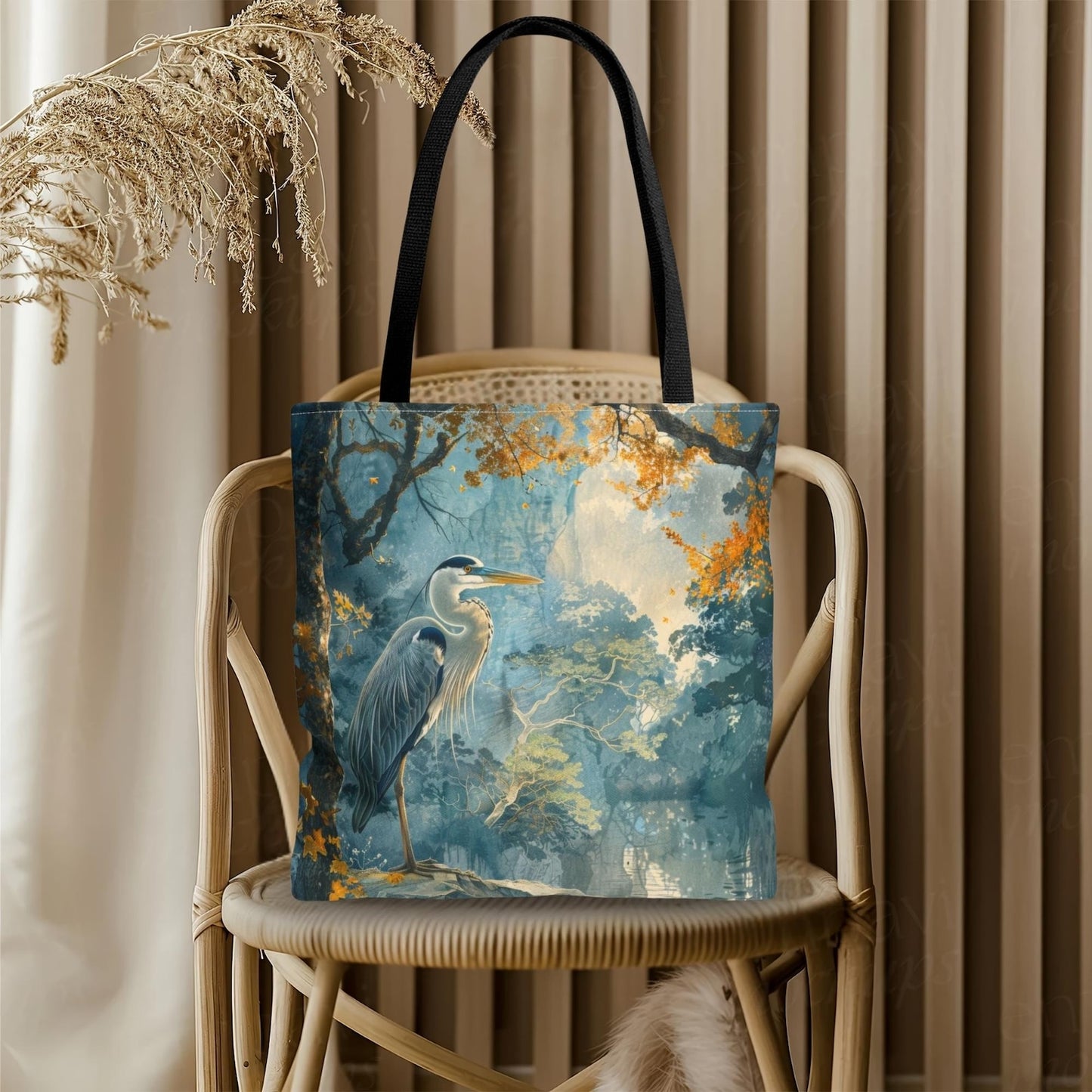 Heron Forest Tote Bag | Misty Woodland Bird Market Bag