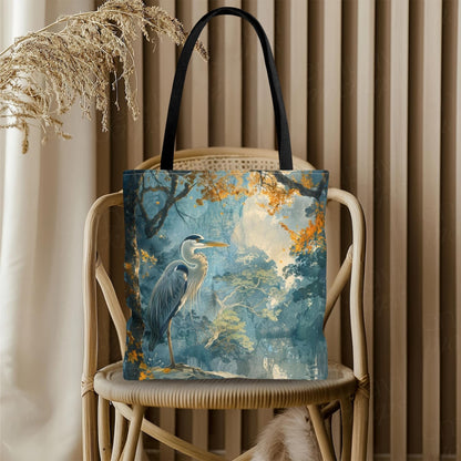 Heron Forest Tote Bag | Misty Woodland Bird Market Bag