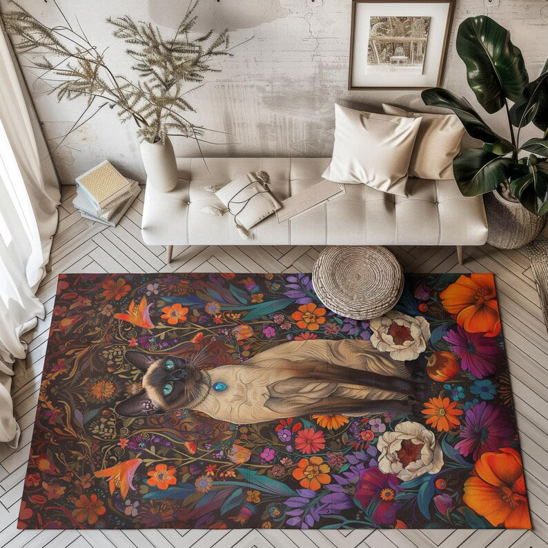 Siamese Cat William Morris Inspired Rectangle Area Rug, Floral Cat Living Room Carpet Decor, Cat Lover Home Decor Gift