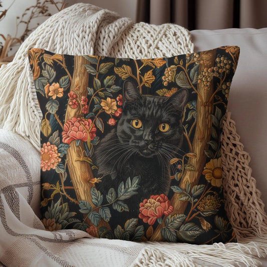 Black Cat Pillow Gothic Floral Cushion with Woodland Flowers, Mystical Feline Home Décor Accent