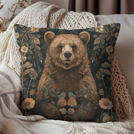 William Morris Inspired Forest Bear Decorative Pillow  | Cottage-core Pillow