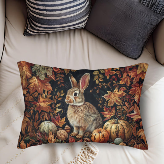 William Morris Inspired Bunny Pumpkins Fall Leaves Lumbar Pillow, INSERT INCLUDED | Cottage-core Home Decor, Decorative Pillow