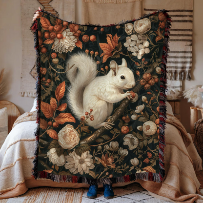 William Inspired Woodland White Squirrel Fall Autumn Forest Woven Blanket, Cozy Fall Home Decor Cotton Blanket