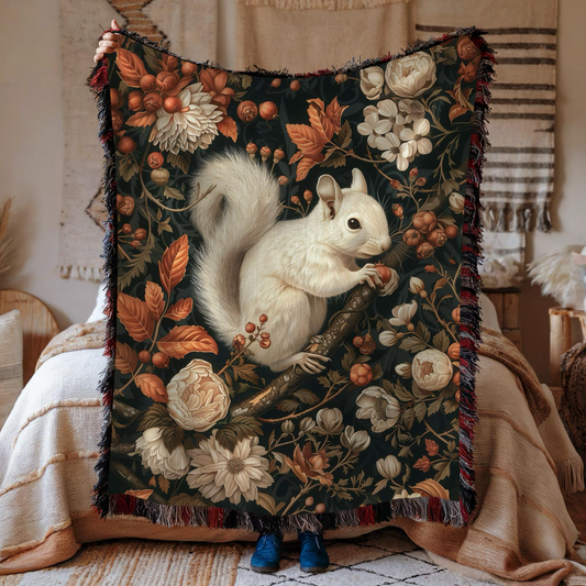 William Inspired Woodland White Squirrel Fall Autumn Forest Woven Blanket, Cozy Fall Home Decor Cotton Blanket