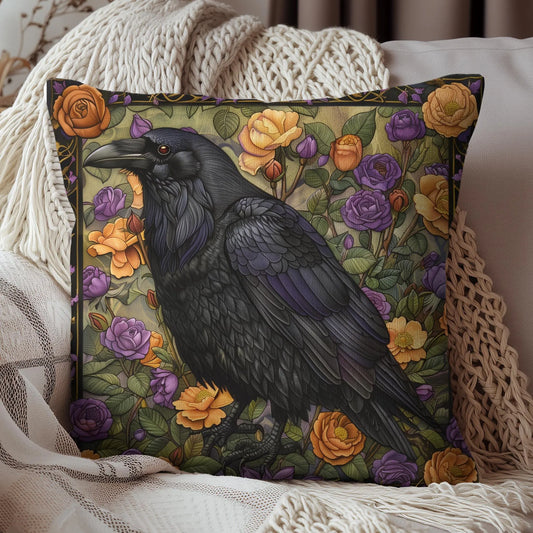 Mystical Raven Halloween Roses Throw Pillow | William Morris Inspired Raven Halloween Pillow Decor