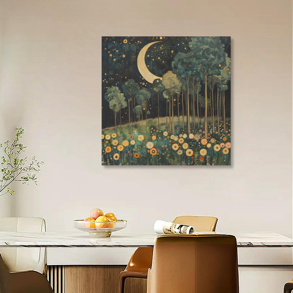 Moonlit Meadow Dreamscape | Matte Canvas Wall Art, Stretched, 1.25" | Starry Night Forest & Flowers Print