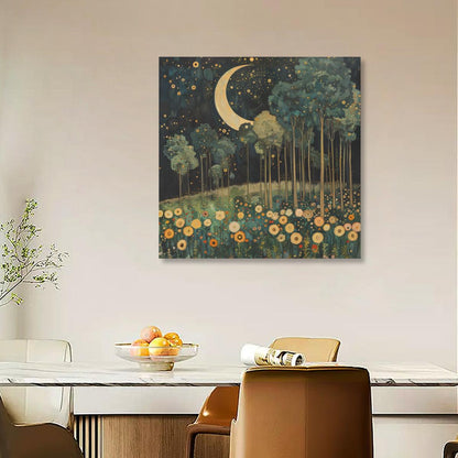 Moonlit Meadow Dreamscape | Matte Canvas Wall Art, Stretched, 1.25" | Starry Night Forest & Flowers Print