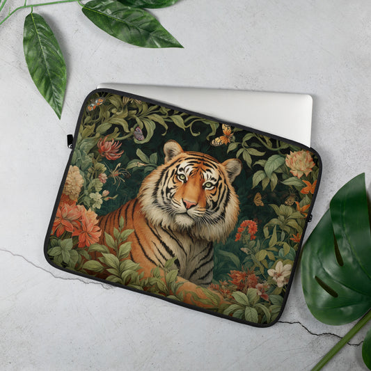 William Morris Inspired Botanical Tiger Laptop Sleeve, Animal Protective Case, Customizable Cover, Gift for Nature Lovers, Floral Tech Bag