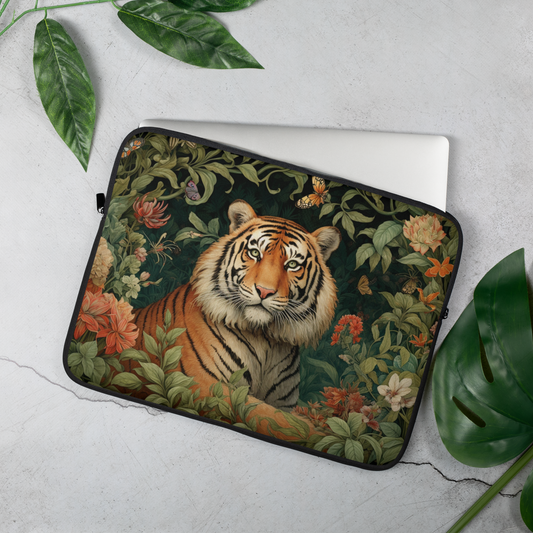 Tiger Laptop Sleeve, William Morris Inspired Jungle Floral Art Case, Elegant Botanical Animal Laptop Cover (12”, 13”, 15”)