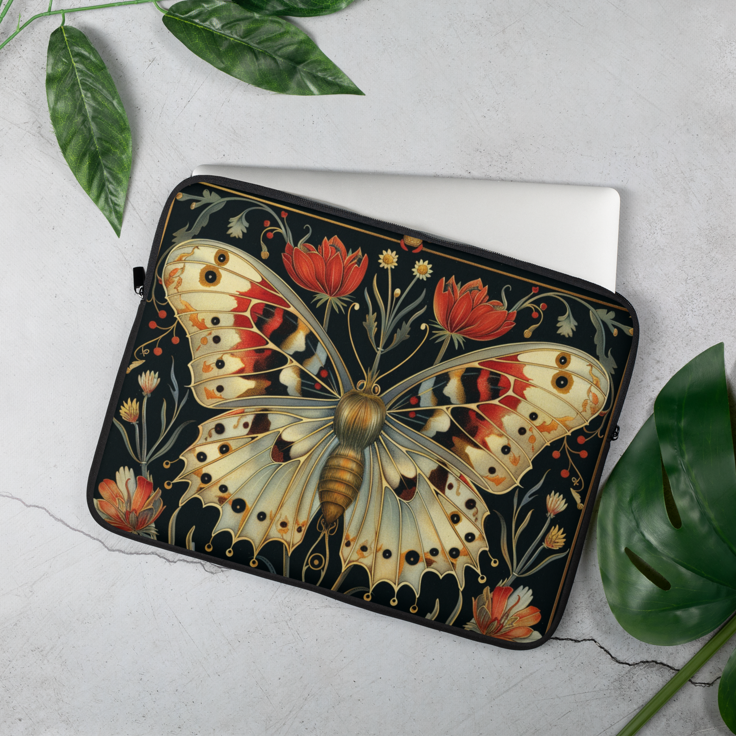 Golden Butterfly Laptop Sleeve, William Morris Inspired Botanical Art Case, Vintage Floral Insect Laptop Cover (12”, 13”, 15”)