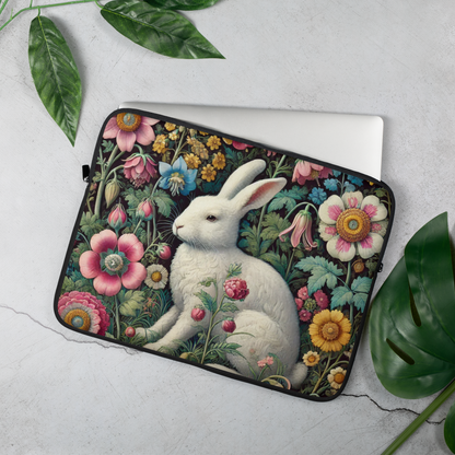 White Rabbit Laptop Sleeve, William Morris Inspired Floral Garden Art Case, Vintage Botanical Bunny Laptop Cover (12”, 13”, 15”)