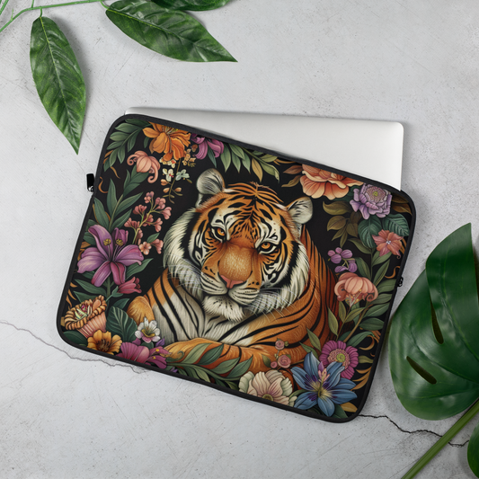 Tiger Laptop Sleeve, William Morris Inspired Jungle Floral Art Case, Vintage Botanical Wildlife Laptop Cover (12”, 13”, 15”)