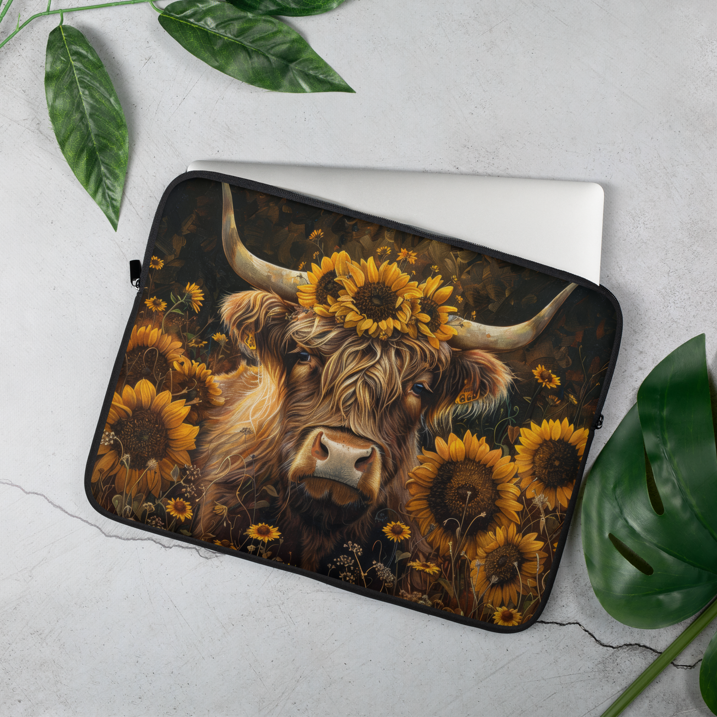 Highland Cow Laptop Sleeve, Sunflower Floral Farmhouse Art Case, Rustic Country Animal Laptop Cover (12”, 13”, 15”)