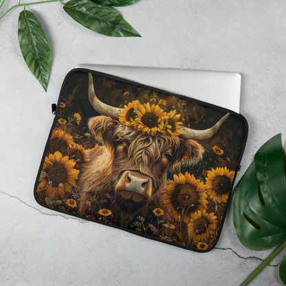 Highland Cow Laptop Sleeve, Sunflower Floral Farmhouse Art Case, Rustic Country Animal Laptop Cover (12”, 13”, 15”)