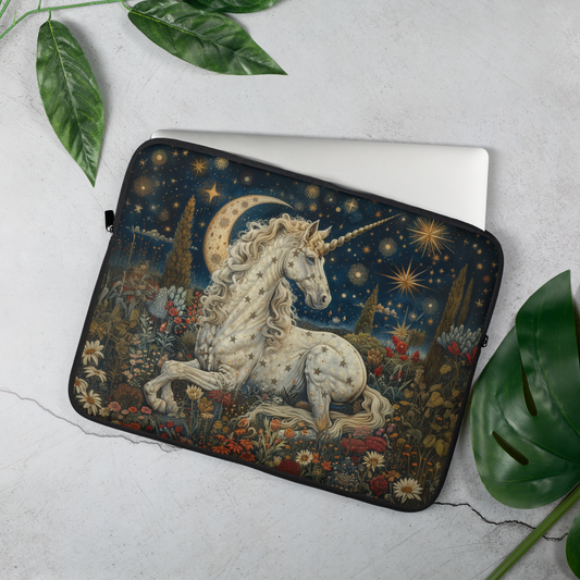 Celestial Unicorn Laptop Sleeve, Starry Night Fantasy Art Case, Mystical Moon & Floral Design Laptop Cover