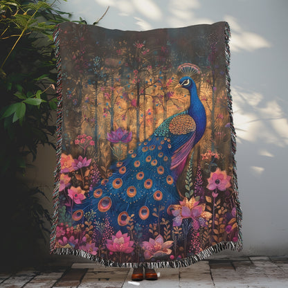 William Morris Inspired Peacock Art Nouveau Woven Blankets, Cozy Home Decor Jacquard Cotton Woven Blanket