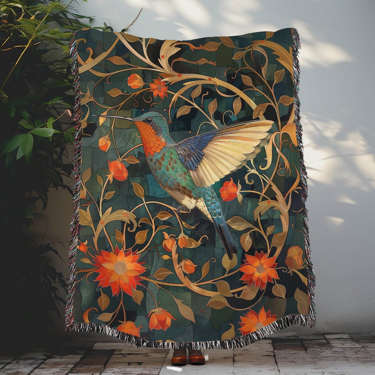 William Morris Inspired Hummingbird Art Nouveau Woven Blankets, Cozy Home Decor Jacquard Cotton Woven Blanket