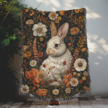 Bunny Fall Flowers Woven Blankets, Cozy Fall Home Decor, William Morris Inspired Cotton Blankets