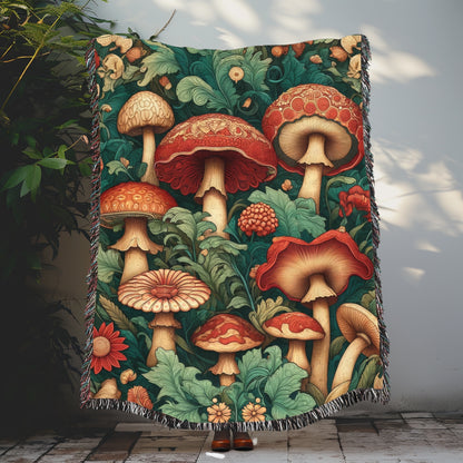 William Morris Inspired Wild Mushrooms Art Deco Woven Blankets, Cozy Home Decor Jacquard Cotton Woven Blanket