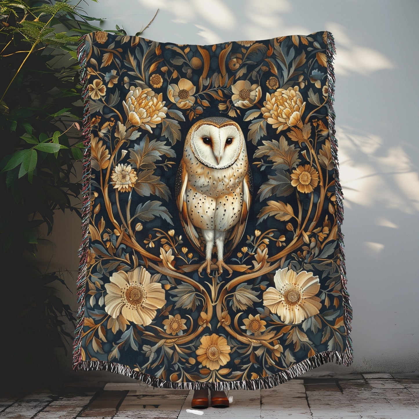 Botanical Barn Owl William Morris Inspired Woven Blankets, Cozy Home Decor, William Morris Inspired Cotton Blanket