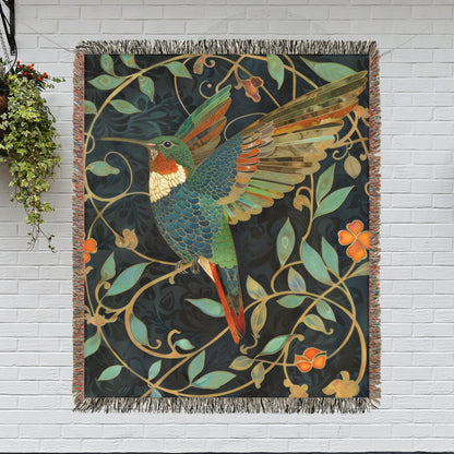 William Morris Inspired Hummingbird Art Deco Woven Blankets, Cozy Home Decor Jacquard Cotton Woven Blanket