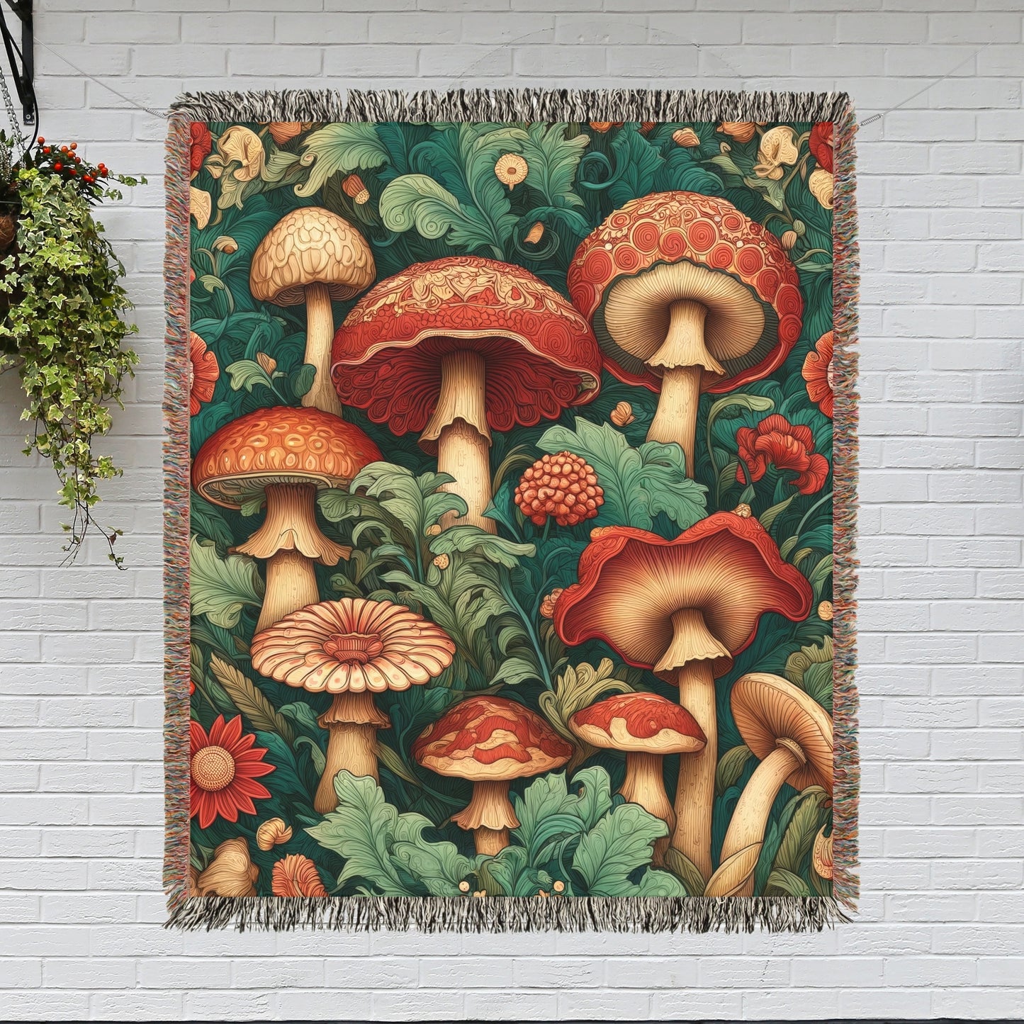 William Morris Inspired Wild Mushrooms Art Deco Woven Blankets, Cozy Home Decor Jacquard Cotton Woven Blanket