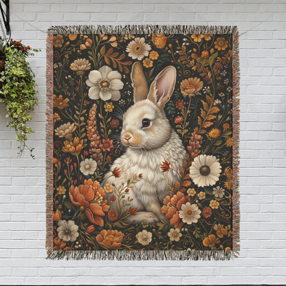 Bunny Fall Flowers Woven Blankets, Cozy Fall Home Decor, William Morris Inspired Cotton Blankets