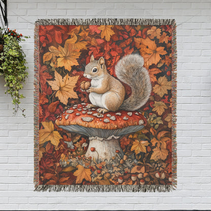 Squirrel In A Leafy Paradise Woven Blanket, Cozy Fall Home Decor, William Morris Inspired Cotton Blanket