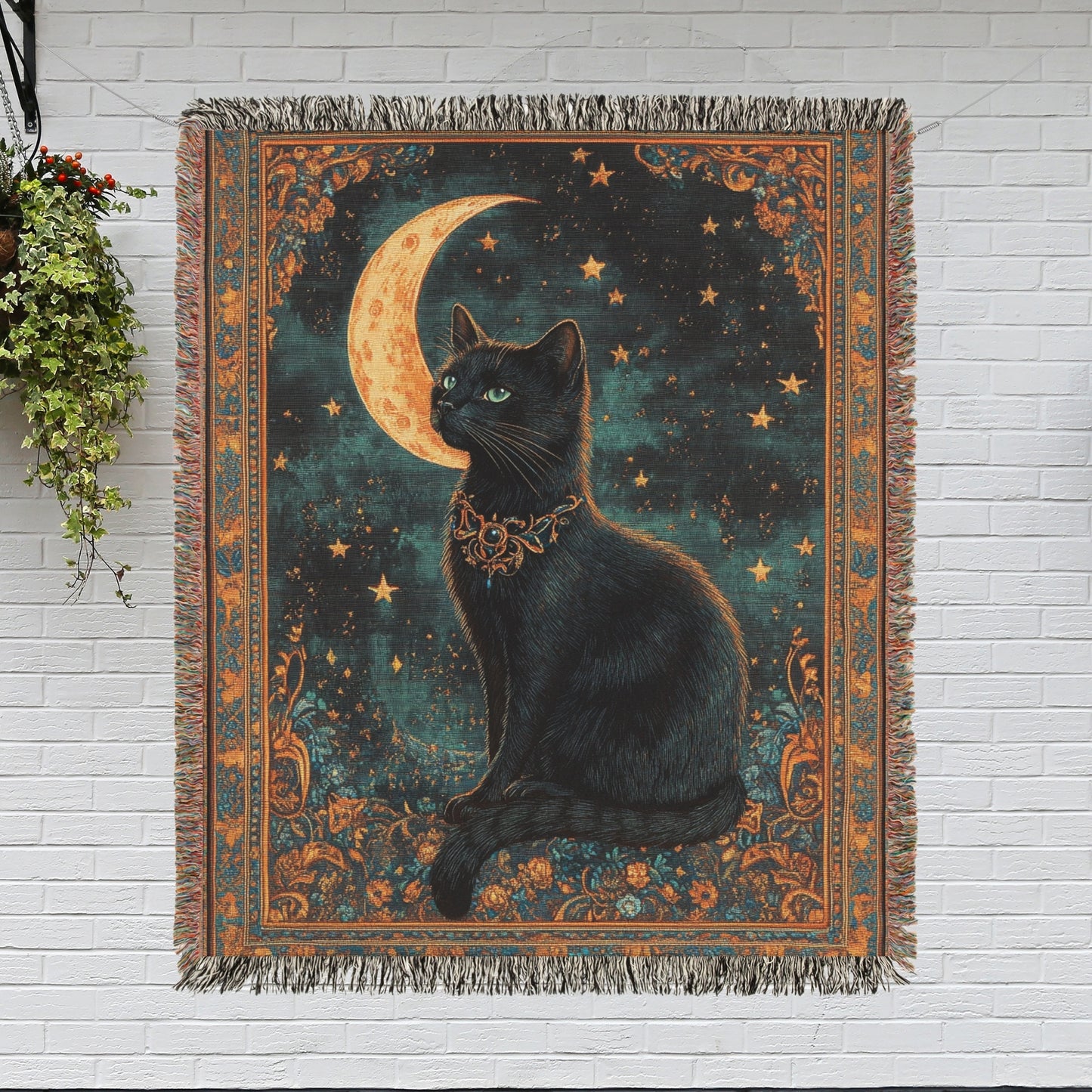 Black Cat Crescent Moon And Stars Woven Blankets, Cozy Home Decor, William Morris Inspired Cotton Blankets