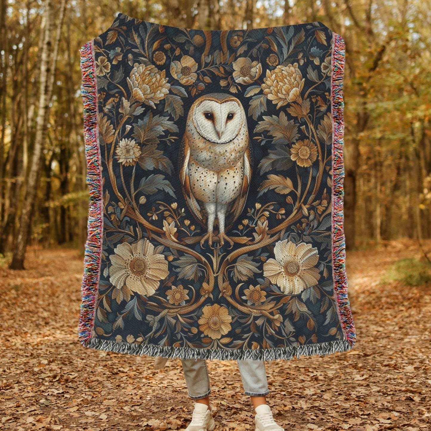 Botanical Barn Owl William Morris Inspired Woven Blankets, Cozy Home Decor, William Morris Inspired Cotton Blanket