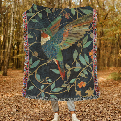 William Morris Inspired Hummingbird Art Deco Woven Blankets, Cozy Home Decor Jacquard Cotton Woven Blanket