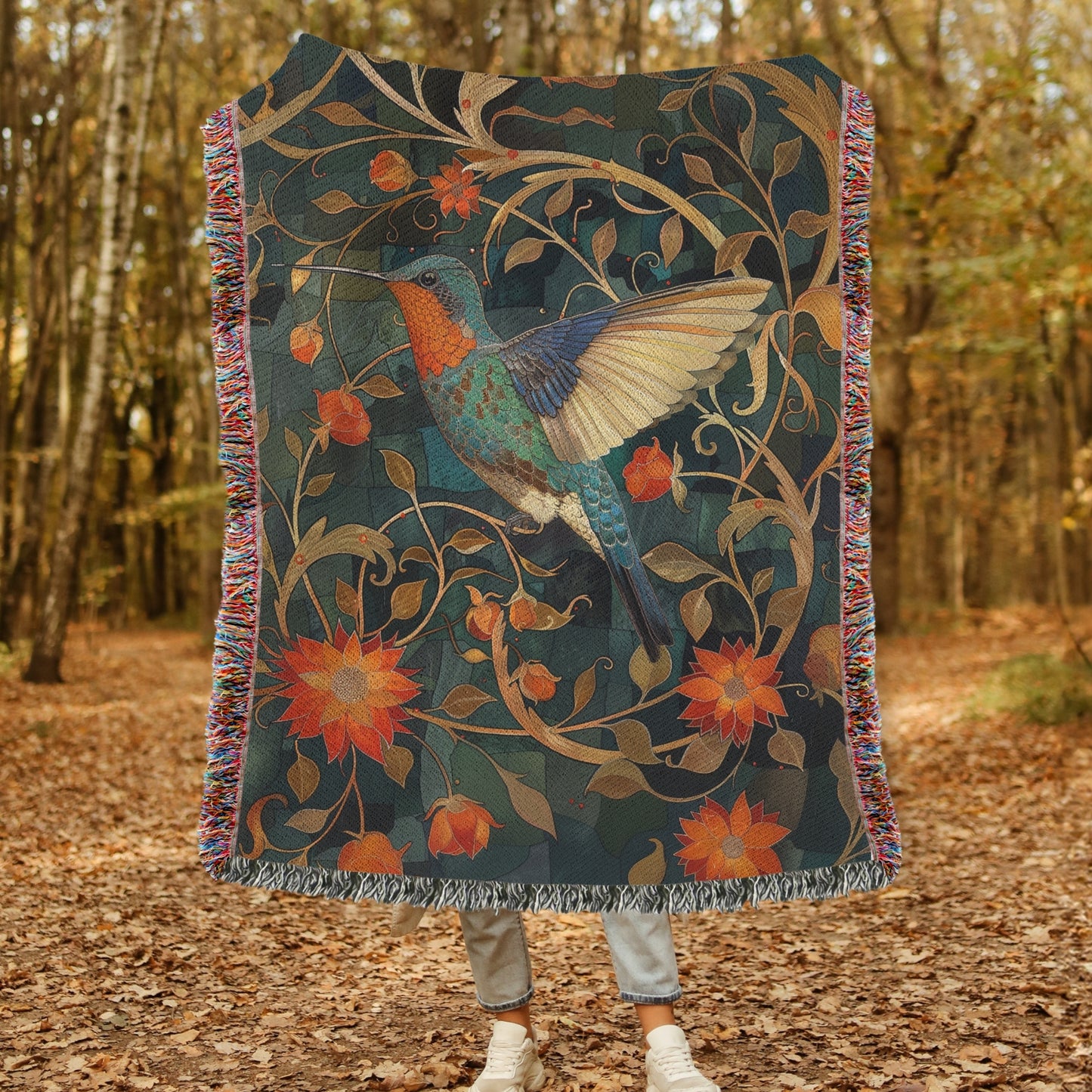 William Morris Inspired Hummingbird Art Nouveau Woven Blankets, Cozy Home Decor Jacquard Cotton Woven Blanket