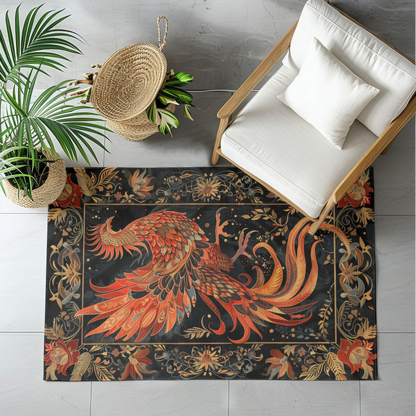 hoenix Rising Tapestry Area Rug – Elegant Black & Gold Mythical Bird Design for Living Room, Bedroom, or Entryway