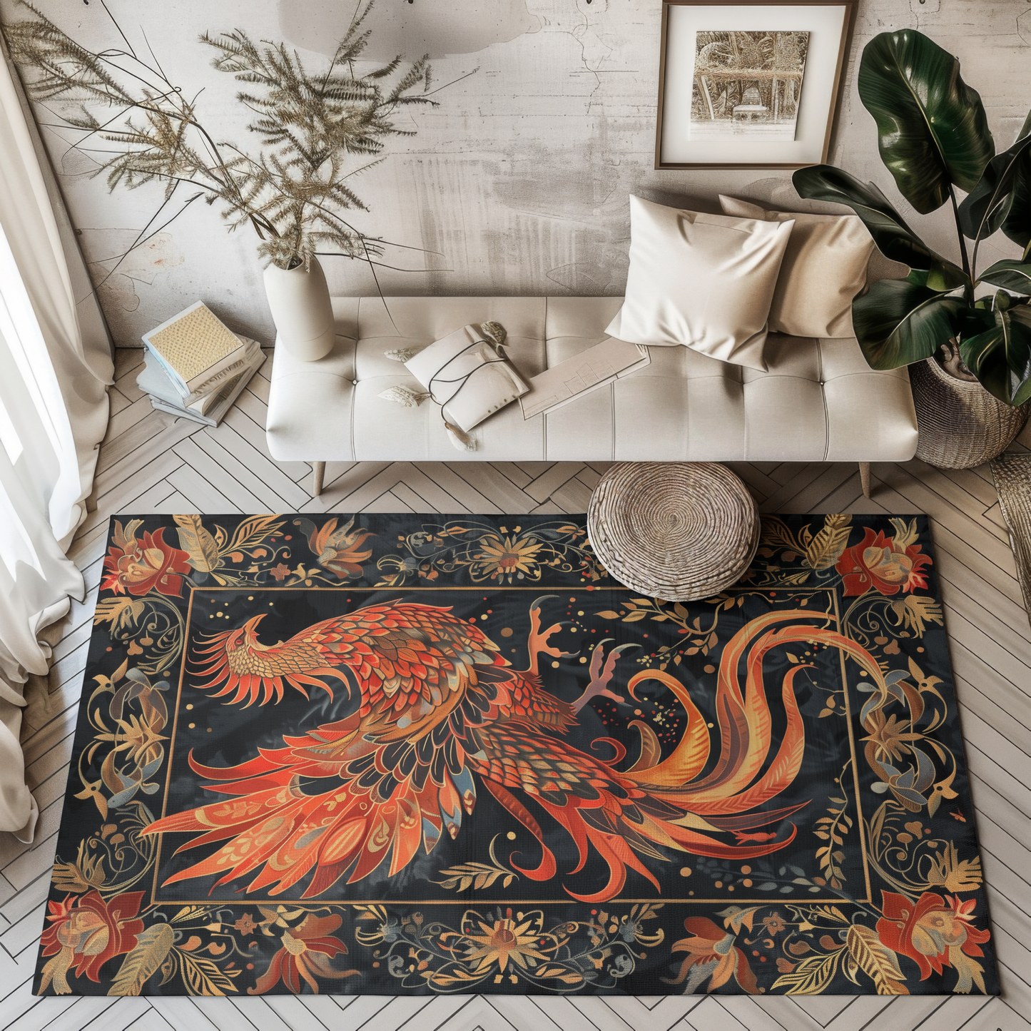 hoenix Rising Tapestry Area Rug – Elegant Black & Gold Mythical Bird Design for Living Room, Bedroom, or Entryway