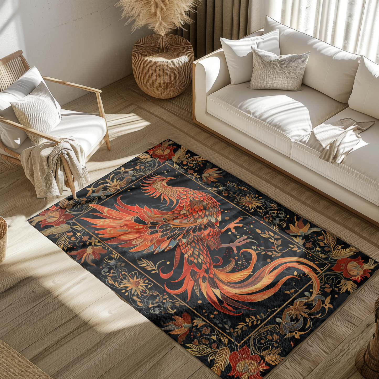 hoenix Rising Tapestry Area Rug – Elegant Black & Gold Mythical Bird Design for Living Room, Bedroom, or Entryway