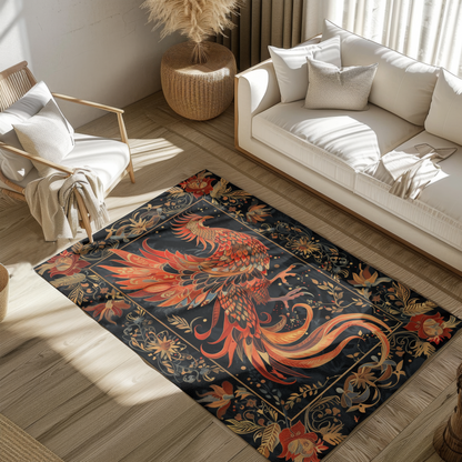 hoenix Rising Tapestry Area Rug – Elegant Black & Gold Mythical Bird Design for Living Room, Bedroom, or Entryway
