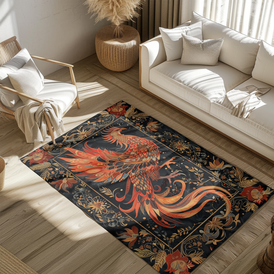 hoenix Rising Tapestry Area Rug – Elegant Black & Gold Mythical Bird Design for Living Room, Bedroom, or Entryway