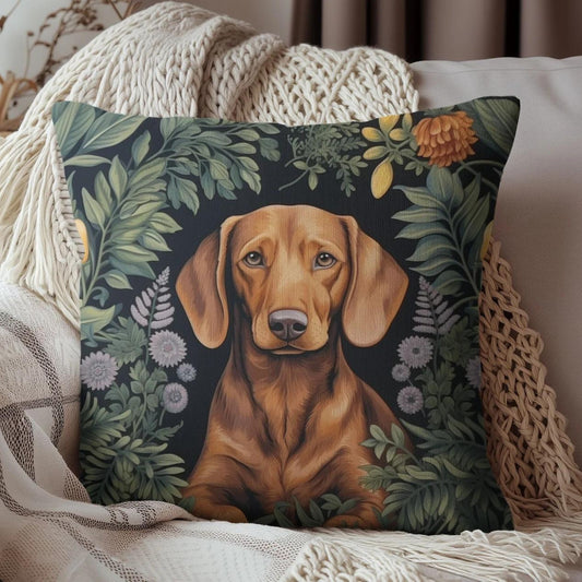 Botanical Brown Dachshund Decorative Pillow William Morris Inspired | Cottage-core Pillow