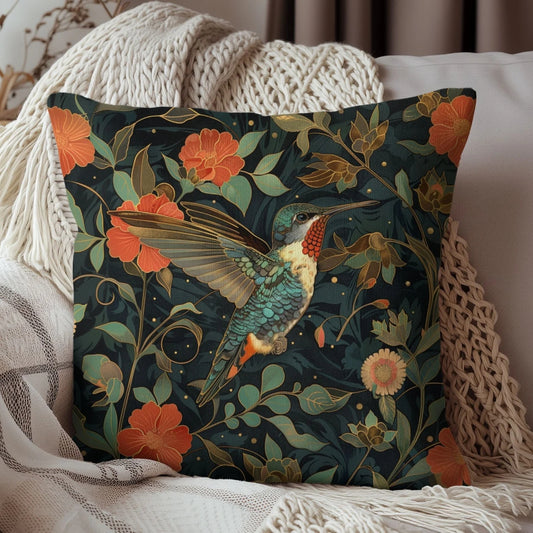 Art Deco Hummingbird Decorative Pillow Morris Inspired | Cottage-core Pillow