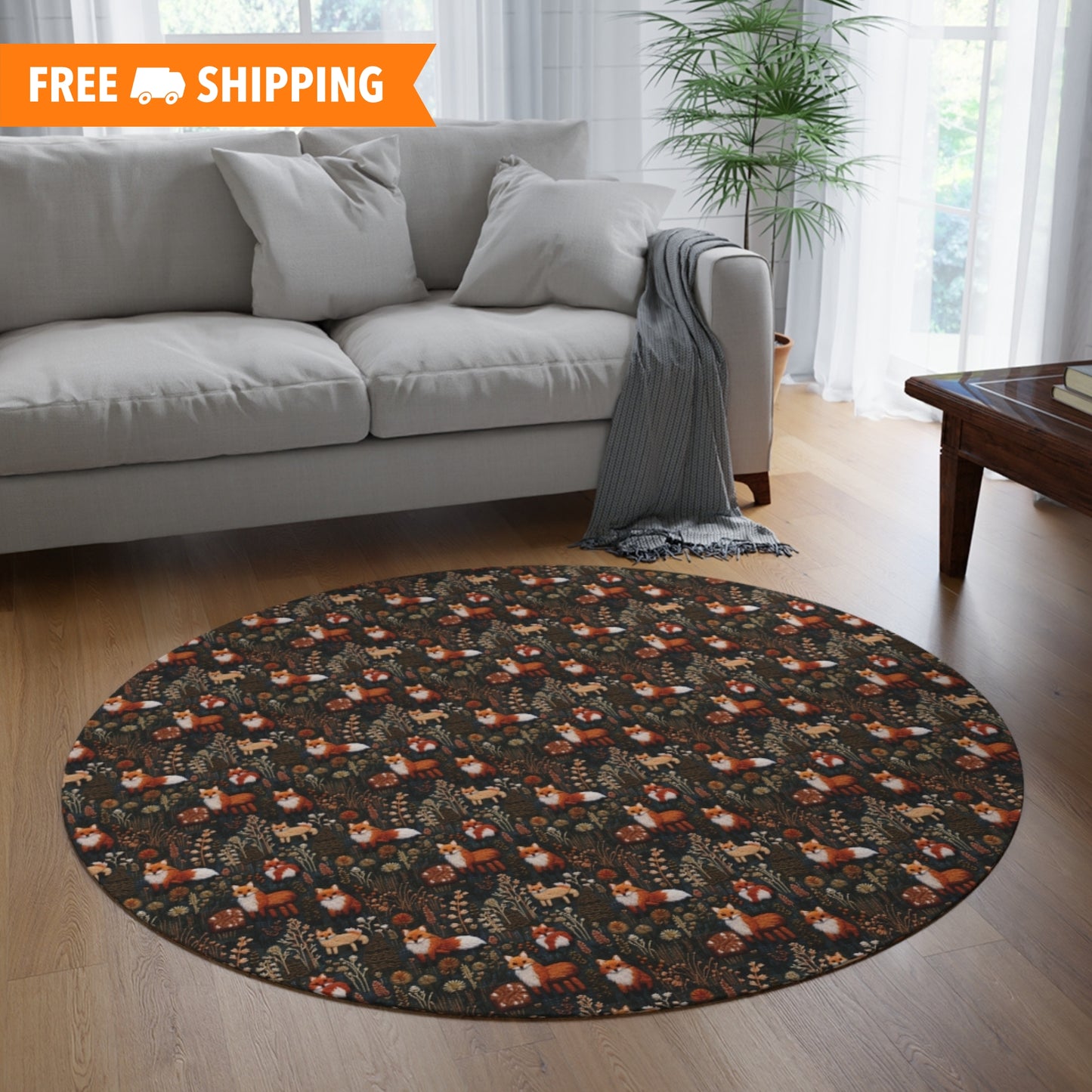 Embroidered Foxes Round Rug, Woodland Cottagecore Area Rug, Living Room Decor, Boho Nursery Rug, Nursery Decor, Circular Fox Rug, Rustic