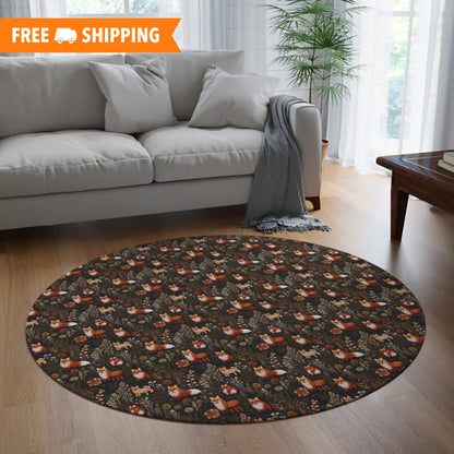 Embroidered Foxes Round Rug, Woodland Cottagecore Area Rug, Living Room Decor, Boho Nursery Rug, Nursery Decor, Circular Fox Rug, Rustic