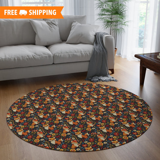 Embroidered Cute Foxes Round Rug, Fall Season Decor Carpet, Floral Pattern Area Rug