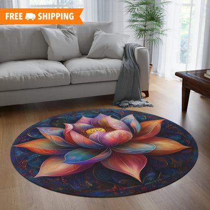 Boho Lotus Mandala Round Area Rug, Decor Carpet, Bohemian Area Mat, Meditation Floor Mat, Yoga Rug