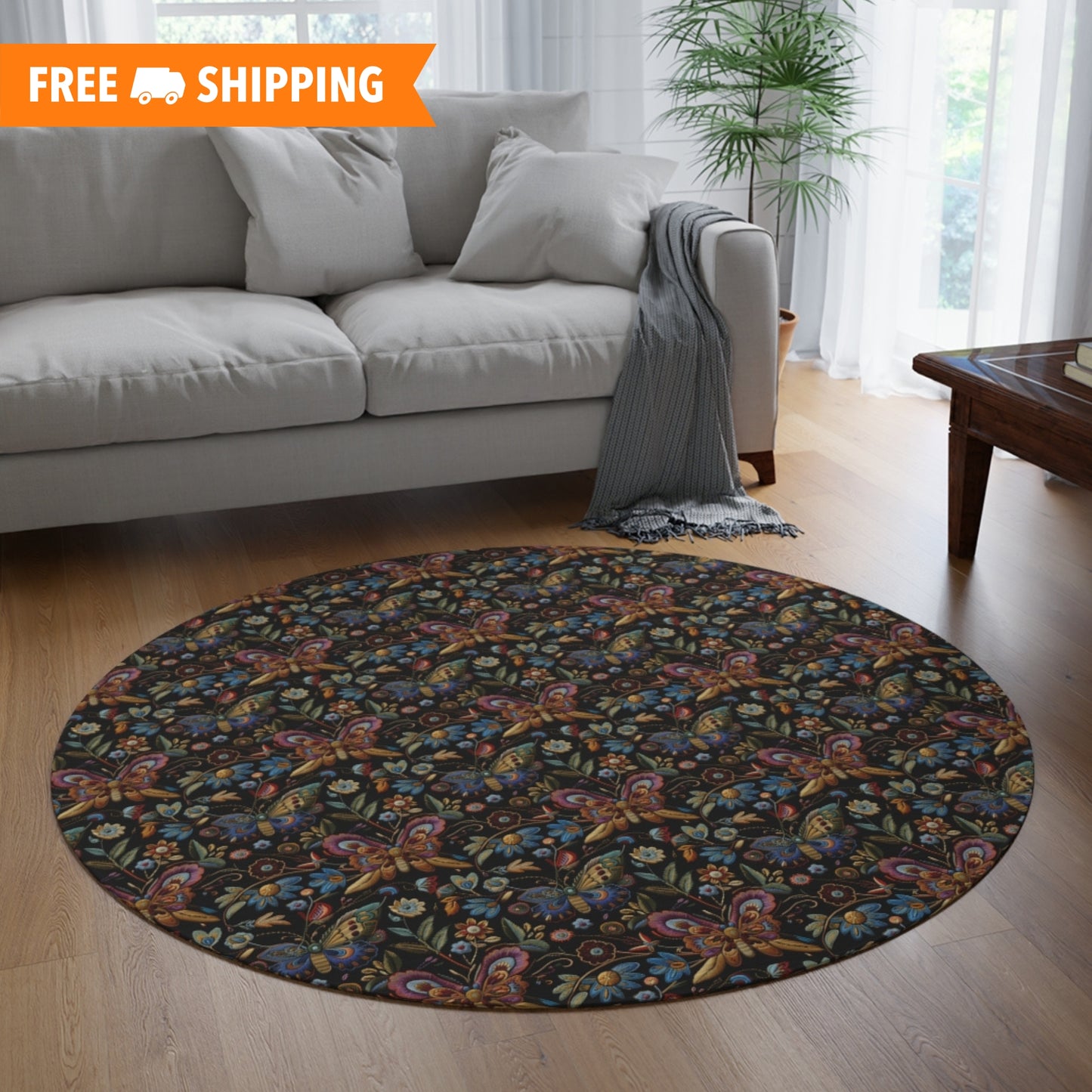 Wild Butterflies Cottage Embroidery Pattern Round Area Rug, Housewarming Gift