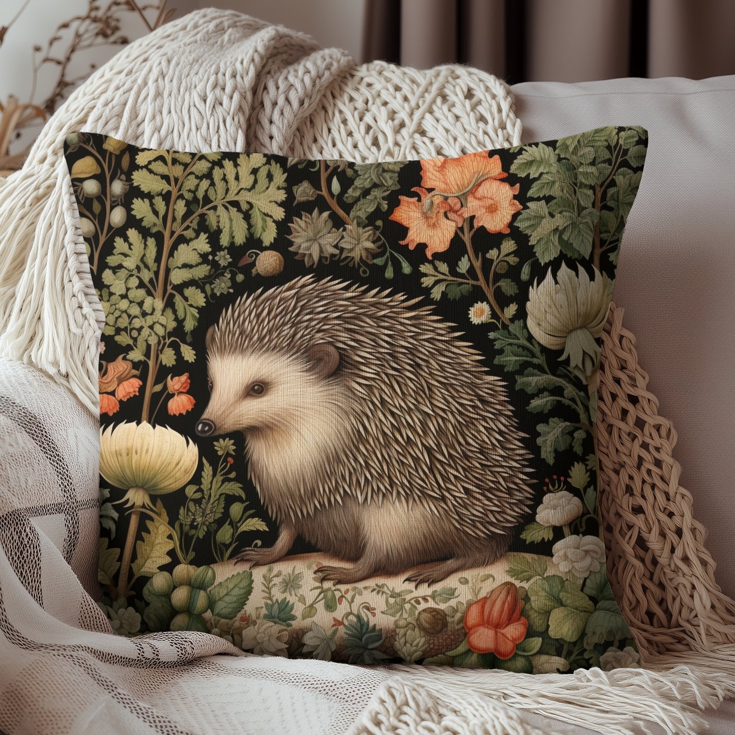 William Morris Inspired Charming Hedgehog Throw Pillow | Forest Hedgehog Floral Home Decor Pillow