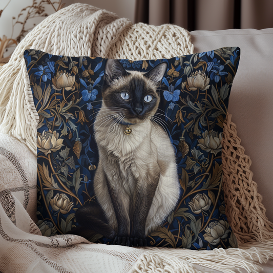 Vintage Victorian Siamese Cat Decorative Pillow | William Morris Inspired Cat Cottagecore Pillow