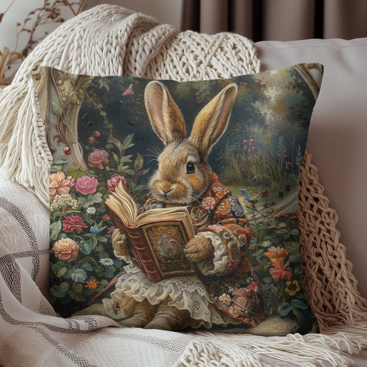 William Morris inspired Rococo Bunny With Vintage Book Decorative Pillow | Cottage-core Pillow